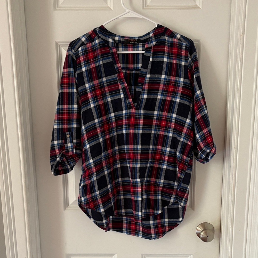 Plaid V-Neck Women's Top - Red and Blue